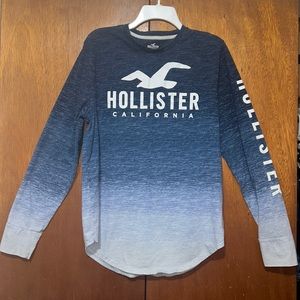 HOLLISTER LONG SLEEVE PRINT LOGO GRAPHIC TEE SHIRT NAVY TO WHITE OMBRE MENS SZ L